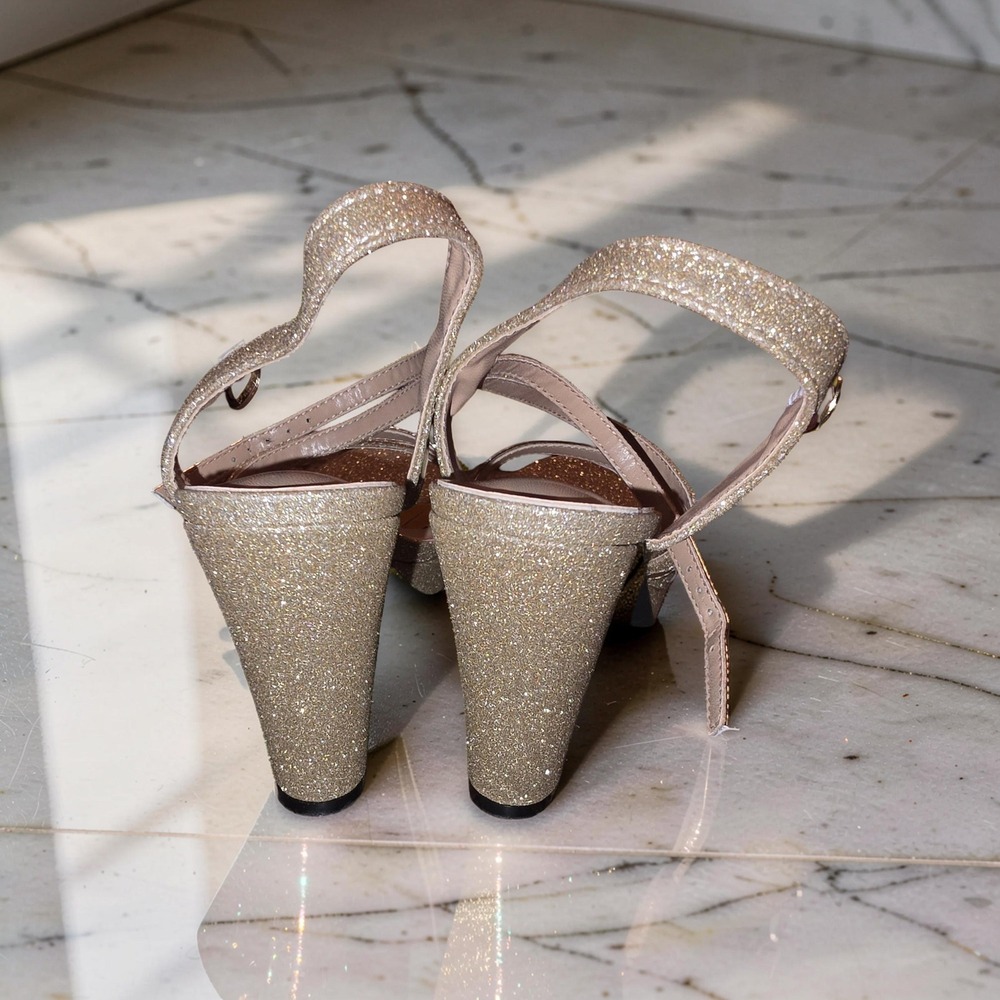 Gold Glitter Platform Sandals Strappy Block Heel Evening Dress Shoes - Picture 5 of 6